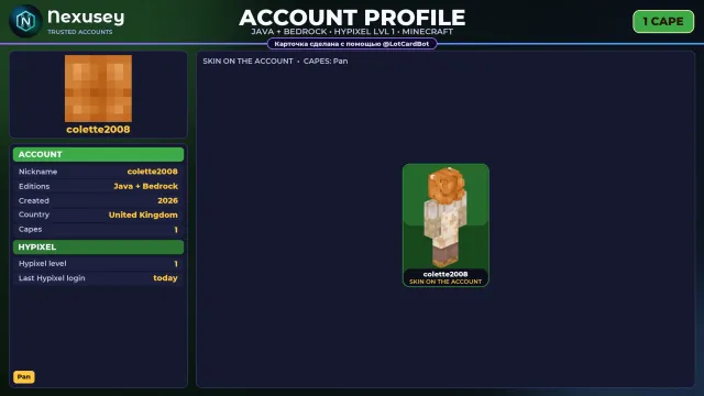 🚀 【MINECRAFT】 ✨ JAVA + BEDROCK | 1 CLOAK: Pan ✨ FULL ACCESS | NO BAN HYPIXEL (1 LVL) #4EV9BS, Sale, All account data