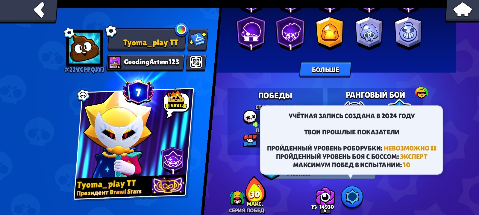 Account 2024 yers, trophies 33500, brawlers 101, primes 7