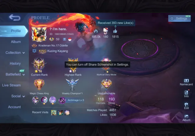 COLLECTOR BENEDICTA LAKIBOX LESLEY ROGER + 14 EPICS, Sale, Rank: Mythical, Level: 89, Win Rate: 58%, Heroes: 118, Skins: 193