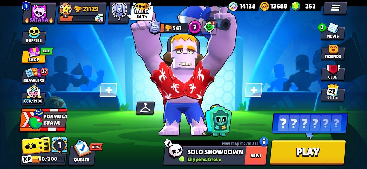 68k 🏆, 104 Brawlers + Sirius, 13 Legendaries, 57 Power 11s + 57 Hypercharges, 245 Gems, 380 skins, trophies 68000, brawlers 104