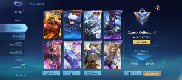 🏆 High BP • Low Matches ⚔️ Argus Titans Collector 🌀 Xavier Gojo 🥋 Chou Ken (Street Fighter), Продажа, Ранг: Мифический, Уровень: 8, Процент побед: 75%, Герои: 67, Облики: 82