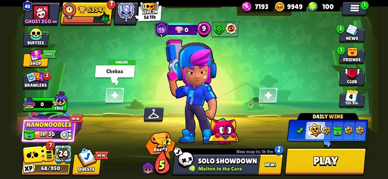 53k 💎, 87 brawlers + Sirius, 13 leg, 17 11 strength + 12 hyper, 100 gems, 200 skins, description👇, trophies 53000, brawlers 87