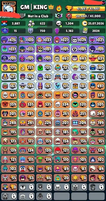 🎅📌41,400🏆🌟97/104👤54 HYPER43 11 POWER🪙260 SKINS ~25K GEMS🎎16 TITLES💮11 BUFFS❇️🔰〔NICKNAME CHANGE 90〕🔰, trophies 41400, brawlers 97, primes 15