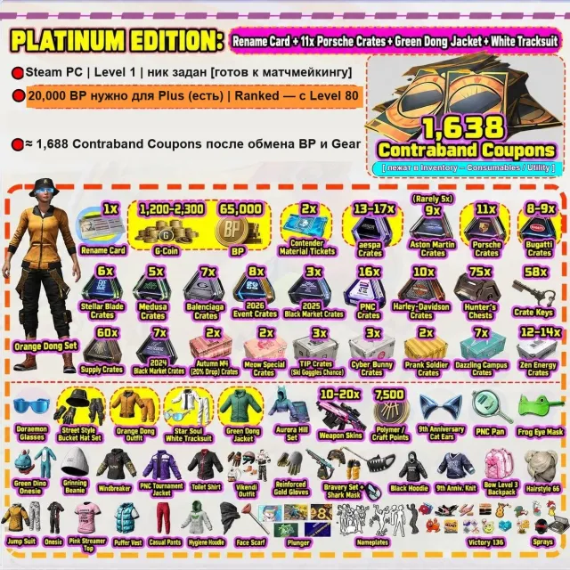 PUBG Steam | 1,638 Coupons | 1,200–2,300 G-Coin | 65K BP | Porsche x11 | Orange Dong Set #28, Нет BATTLEGROUNDS Plus