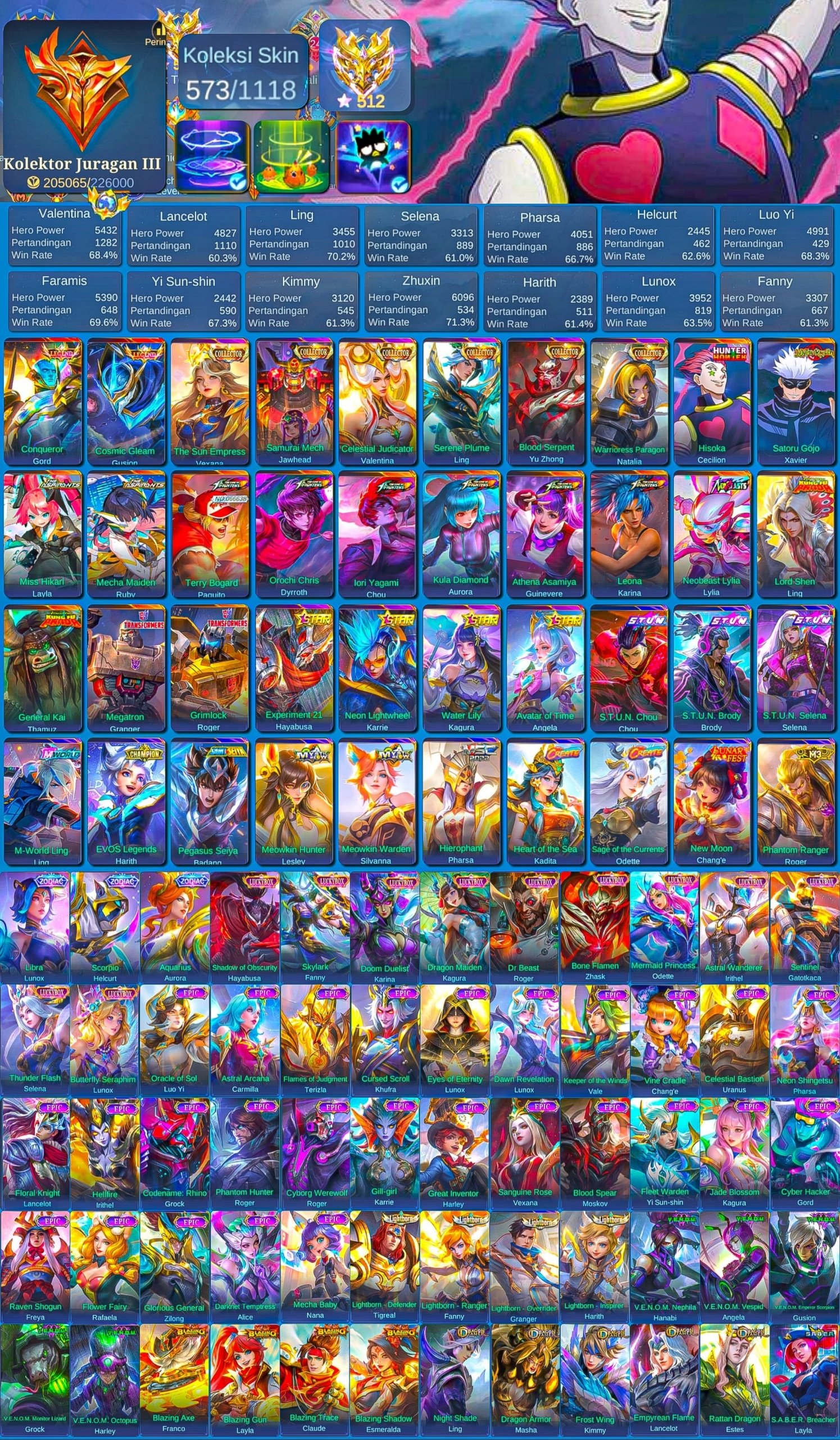 💛Mega-3💛512 stars💛Call Vexana-Valentina-Ling-Chong-Beasts Lilia, JJK Xavier, Hunter Cession, 💛, Sale, Rank: Mythic, Level: 198, Winrate: 61%, Heroes: 133, Skins: 573