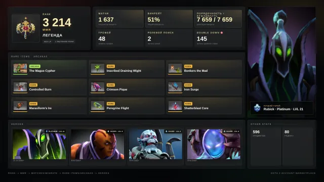 💜 Legend 1 | 3214 MMR | Rubick ARCANA ✨ | 7.6K ПОРЯДОЧНОСТИ | АВТОВЫДАЧА ⚡Высокий тир 21 ✨, Продажа, 3214 MMR, 7600 порядочности, 7600 вежливости, 1637 матчей, 1200 часов