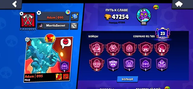 Top acc Crow legend skins, trophies 47254, brawlers 93, primes 23