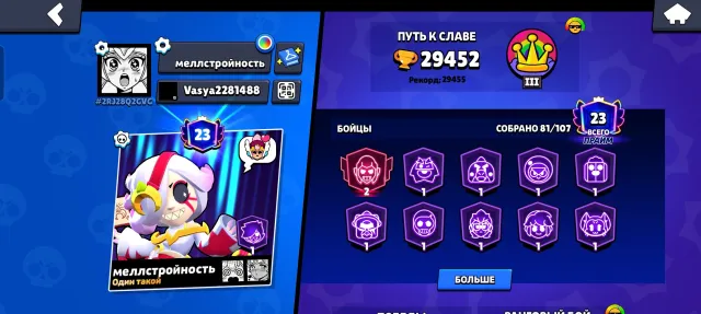 Brawl Stars account and Clash Royale account by email, 29450 trophies, 81 brawlers, 23 primes