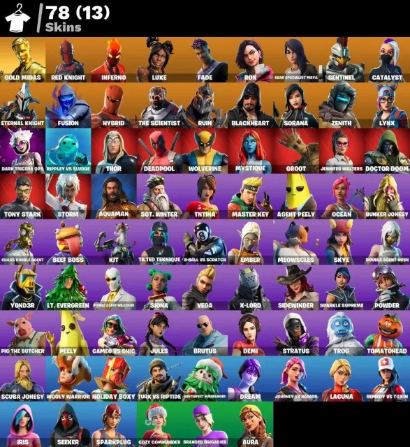 🌸 78 Skins 🌸 Gold Midas 🌸 Red Knight 🌸 Inferno 🌸 Luxe 🌸 Fade 🌸 Rox 🌸 Gear Specialist Maya 🌸 Se, Verkauf, Skins 78