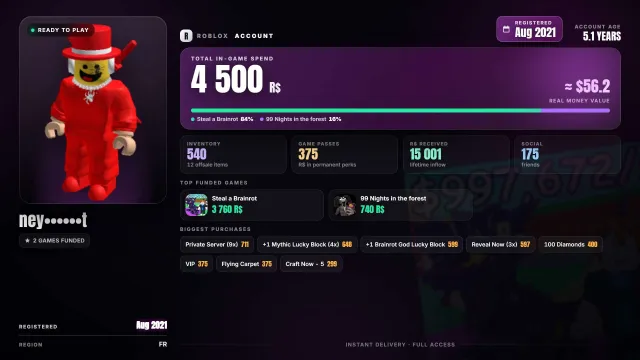 💎 spent Robux: 15K 📅 reg. 2021 🧱Steal a Brainrot 3.8K 🧱 99 Nights in the forest 740, Sale, Voice chat: No