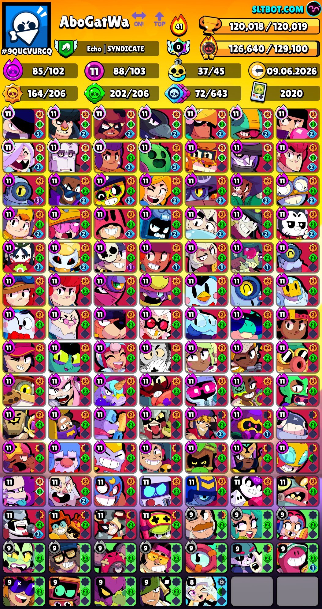THE BEST ACCOUNT 122k, at a cheap price. METEORIC GLORY 3. HUGE NUMBER OF SKINS. 12BP+❤️, trophies 122000, brawlers 104, primes 115