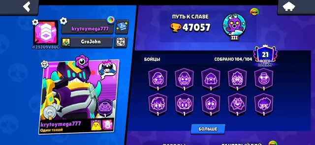account brawl stars,all fighters,there are fur skins, trophies 47057, brawlers 104, primes 21