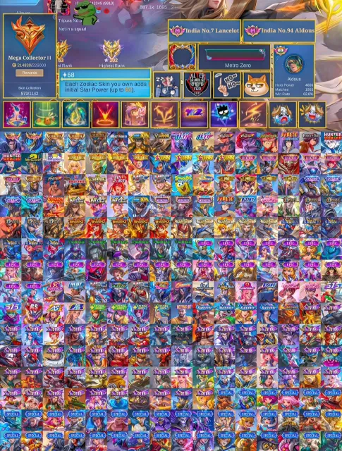 🔥 MEGA COLLECTOR 3🏆 Exclusive Skins 🇮🇳 Lancelot India #7 🇮🇳⚔️ Quality EXP & Jungler, Продажа, Ранг: Мифический Бессмертный, Уровень: 185, Процент побед: 78%, Герои: 133, Облики: 573