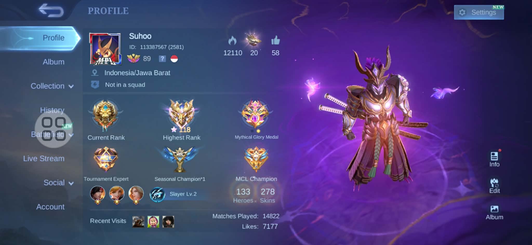 278 premium skins | 60% winrate | All unlock | ios + Amdroid | global!, Sale, Rank: Mythical Immortal, Level: 89, Winrate: 60%, Heroes: 133, Skins: 278