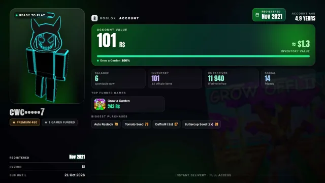 💎 spent Robux: 12K 📅 reg. 2021 🏷 offsale: 12, Sale, Voice chat: No