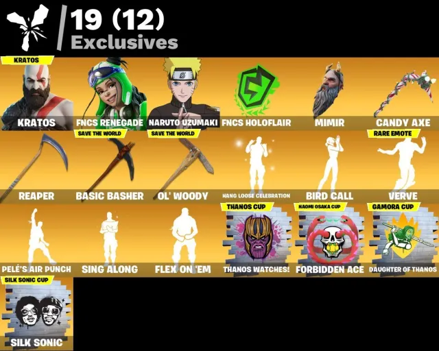 👕 312 скинов 🎮 5190 Уровень 💰 0 V-bucks 💰 Renegade Raider | Kratos | FNCS Renegade | Naruto Uzumaki, Продажа, скины 312