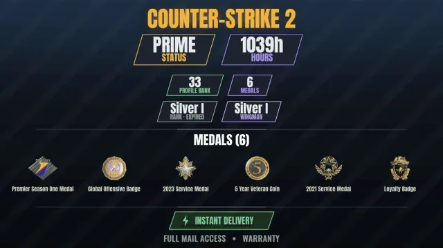 CS2 Prime🏆1000h🎮6 medals Medal for Service 2021, Medal for Service 2023, Premier Medal, season, Sale, With inventory, Has PRIME