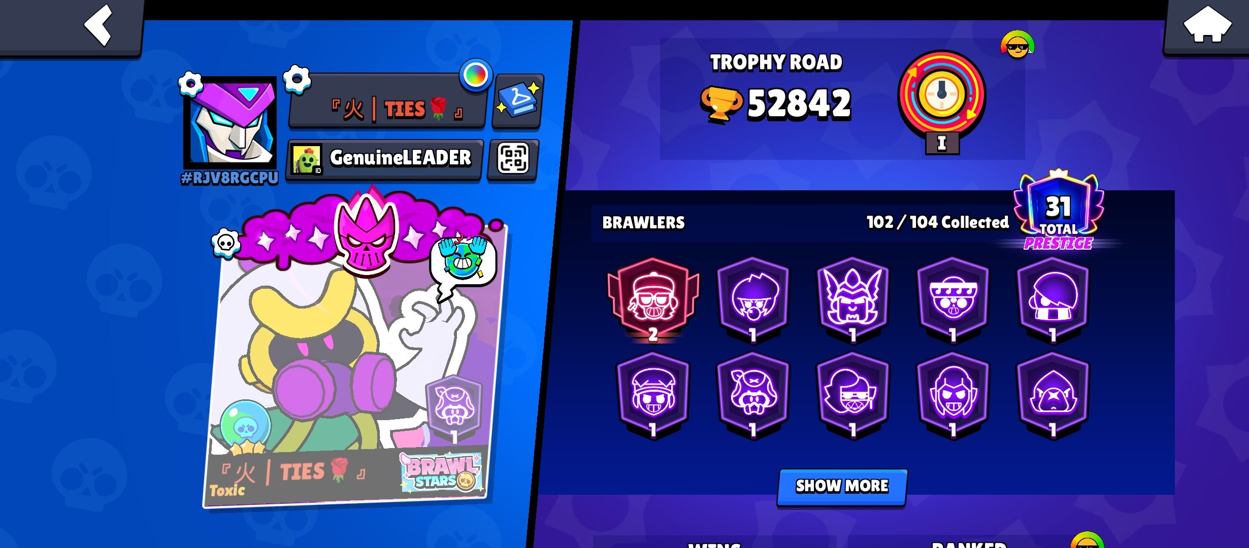 🏆𝟱𝟯𝐊🏆【💵CHANGE NICK💵】👤1О2/1О4👤𝟮𝟵𝟱 SKINS~29k💎❰𝟯𝟳 11-x C HYPER❱📹VIDEO REVIEW📹, trophies 53000, brawlers 102, primes 31