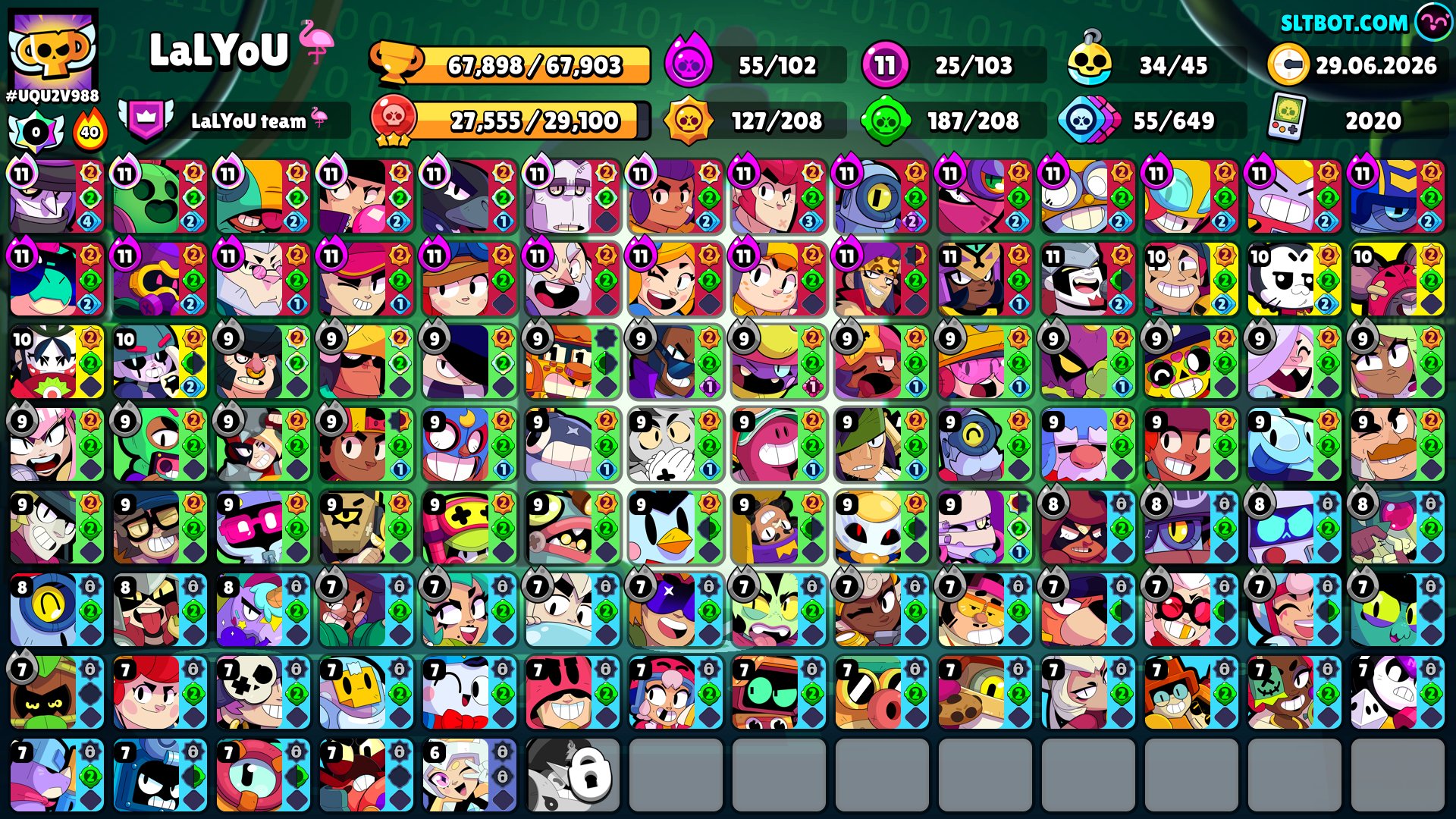 🎅📌67900🏆🌟102/102👤55 Hyper25 Level 11s🪙730 Skins~40K Gems🎎47 Titles💮34 Buffs❇️🔰〔Name Change 120〕, trophies 67900, brawlers 103, primes 47