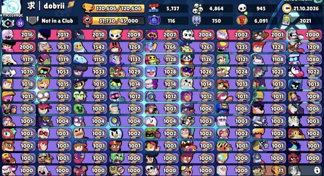 🔥2021🔥🩸4Brawl Pass🩸🪐Witch Shelly🪐Kendzi Manga⚜️Gamer Bibi🌐, 120606 trophies, 107 brawlers, 116 primes