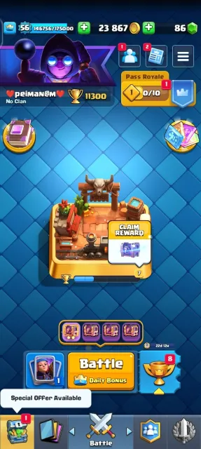 👑KT 15 •⚜️LV 56 • 🧬2 Evolution/56 Lv14/10 Lv15🏆 11300 Trophies • 🃏 120/121Cards• 💎 150 Gems •, 24 арена, 56 уровень, 11300 кубков, 120 карт, Есть