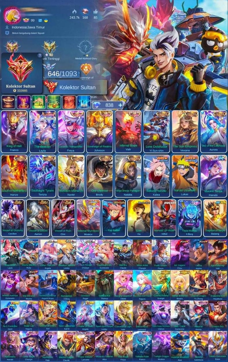 🔥WORLD🔥💎LEG LAYLA +4💎🔴CLINT/EIMON/SISYA VESSEL🔴⭐️9 COLLECTOR⭐️💎NARUTO LUKAS/KALEA💎, Sale, Rank: Epic, Level: 100, Winrate: 56%, Heroes: 132, Skins: 665