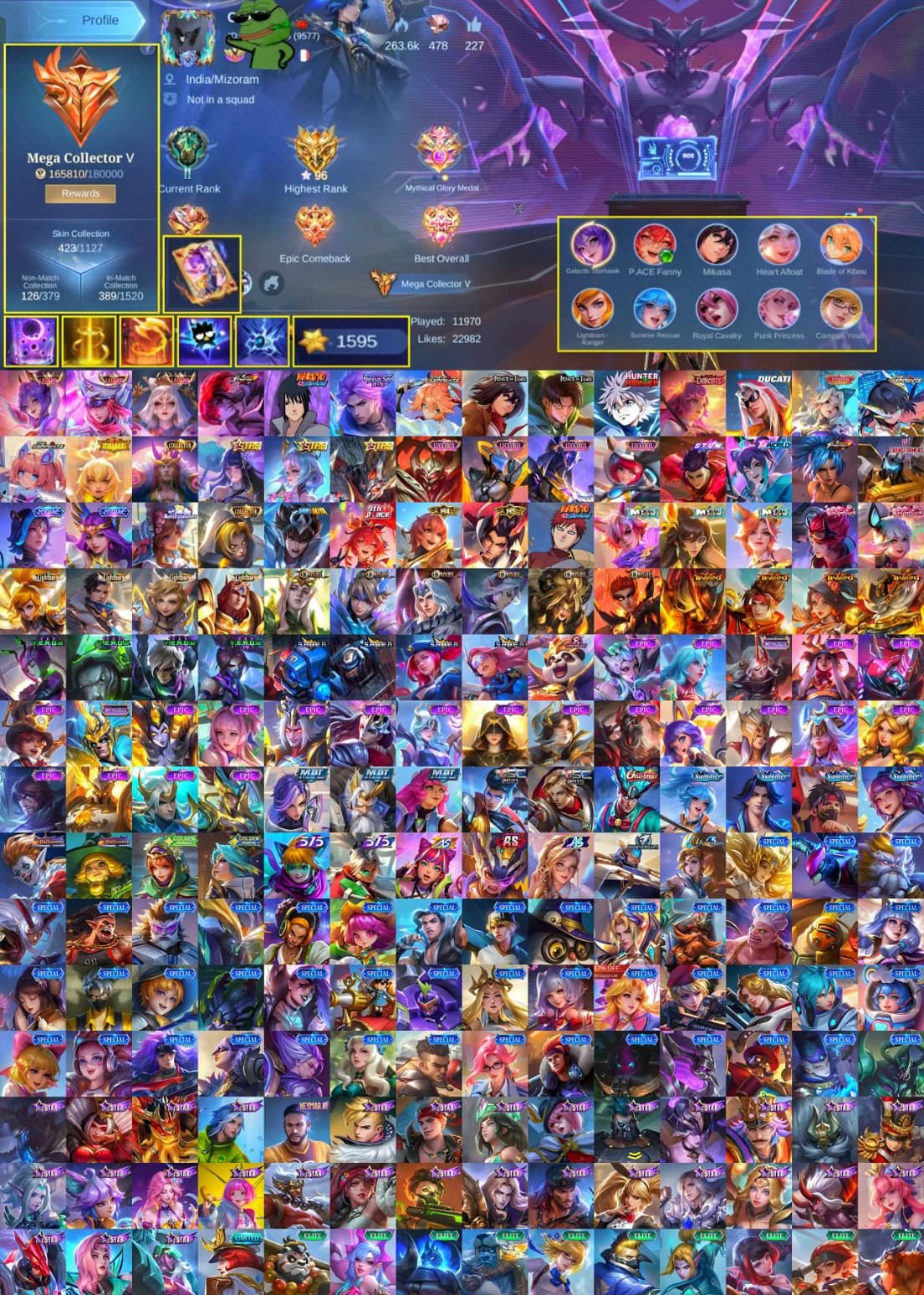 Fanny Set 👑 2x Legend 🥊 Chou KOF 👹 Kagura Exorcist 🍥 Sasuke ⚔️ Levi 💜 Selena Zenith 💖 Ruby Asp, Sale, Rank: Mythical Immortal, Level: 120, Winrate: 60%, Heroes: 133, Skins: 423