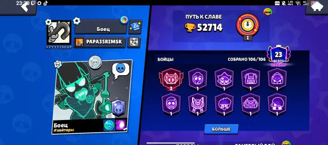 very cool account, 52714 trophies, 106 brawlers, 23 primes