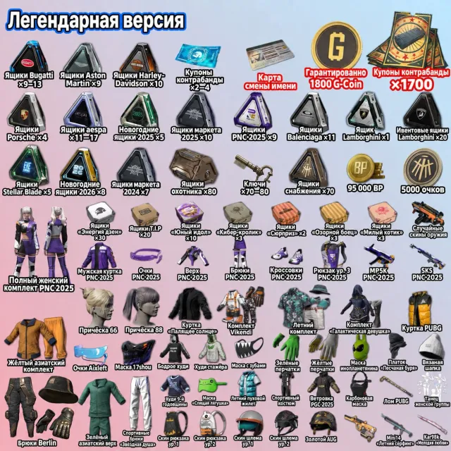 🎫1700 + КУПОНОВ 📦340 +СУНДУКОВ 🪙1800 G-COIN 🪪КАРТА СМЕНЫ ИМЕНИ 👕СКИНЫ 💰 95 000 BP, Нет BATTLEGROUNDS Plus