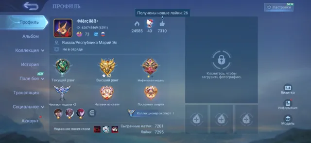 Many rare skins, high maximum rank with diamonds and BO on the account, Sale, Rank: Legend, Level: 73, Win rate: 54%, Heroes: 107, Skins: 172