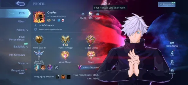 🍀Satoru Xavier (JJK), luckybox Akai, Gatot, Karina, Odette, Transformer Roger🍁, Sale, Rank: Mythical Glory, Level: 58, Win Rate: 60%, Heroes: 81, Skins: 201