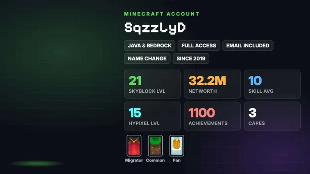 🌱 SkyBlock 21 level 💰 32.2M Networth 🦸 Cloaks (3): Migrator, Common ✅ Java & Bedrock & full access, Sale, All account data