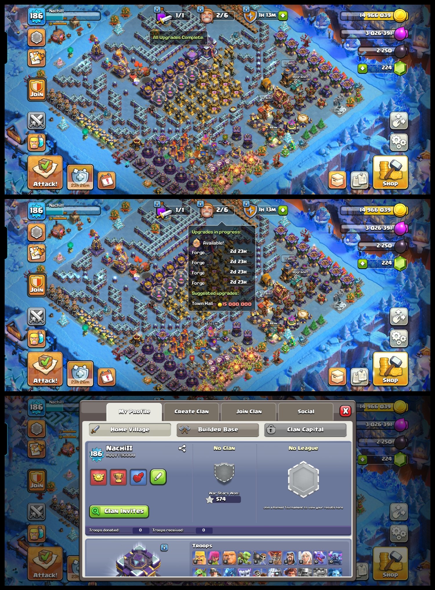 186 XP-Max Th15-Nothing left-16/16 EPIC EQ.-[Spam Decoration]-[Snow Day Scenery]-6th Builder-7x Skin, 15 TH Main Village, 10 TH Builder