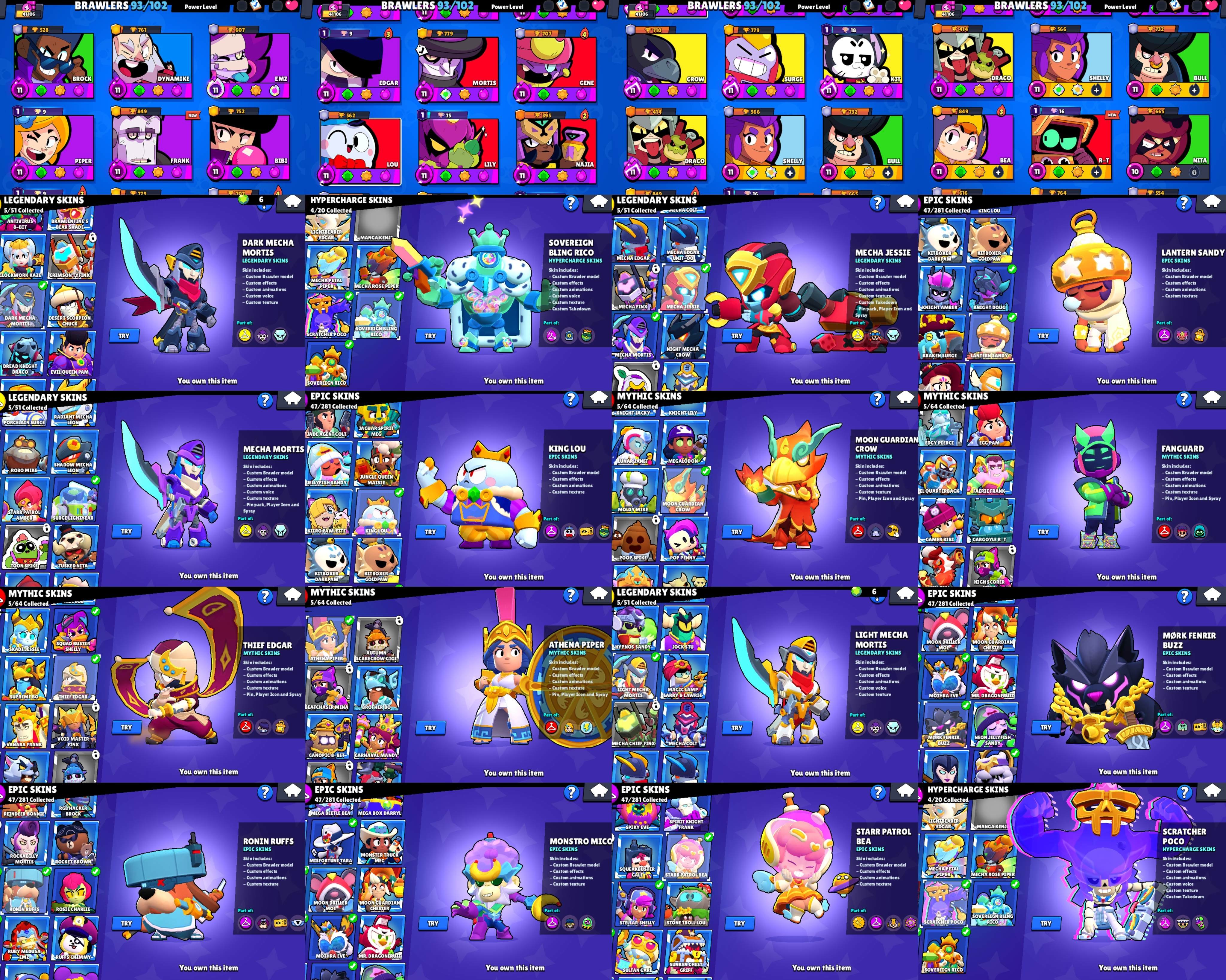 Old acc with king lou skins and 4ak trophy very good acc for main check screenshots, trophies 41100, brawlers 93, primes 5