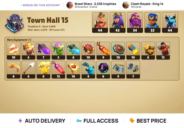 (Android/iOS) 💎 CoC TH15 💎 1,576 war stars 💎 BK 44 + AQ 43 + GW 34 + RC 22 + MP 44, 15 TH Native Village