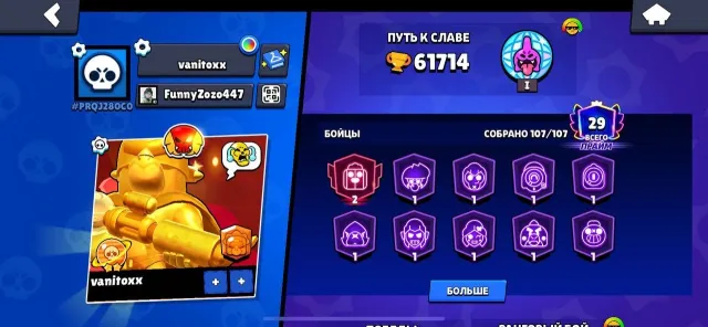 🏆61K 2022🏆🍀 22 RARE SKINS🍀CHECK DESCRIPTION🛡SAFE🛡, 61700 trophies, 107 brawlers, 29 primes
