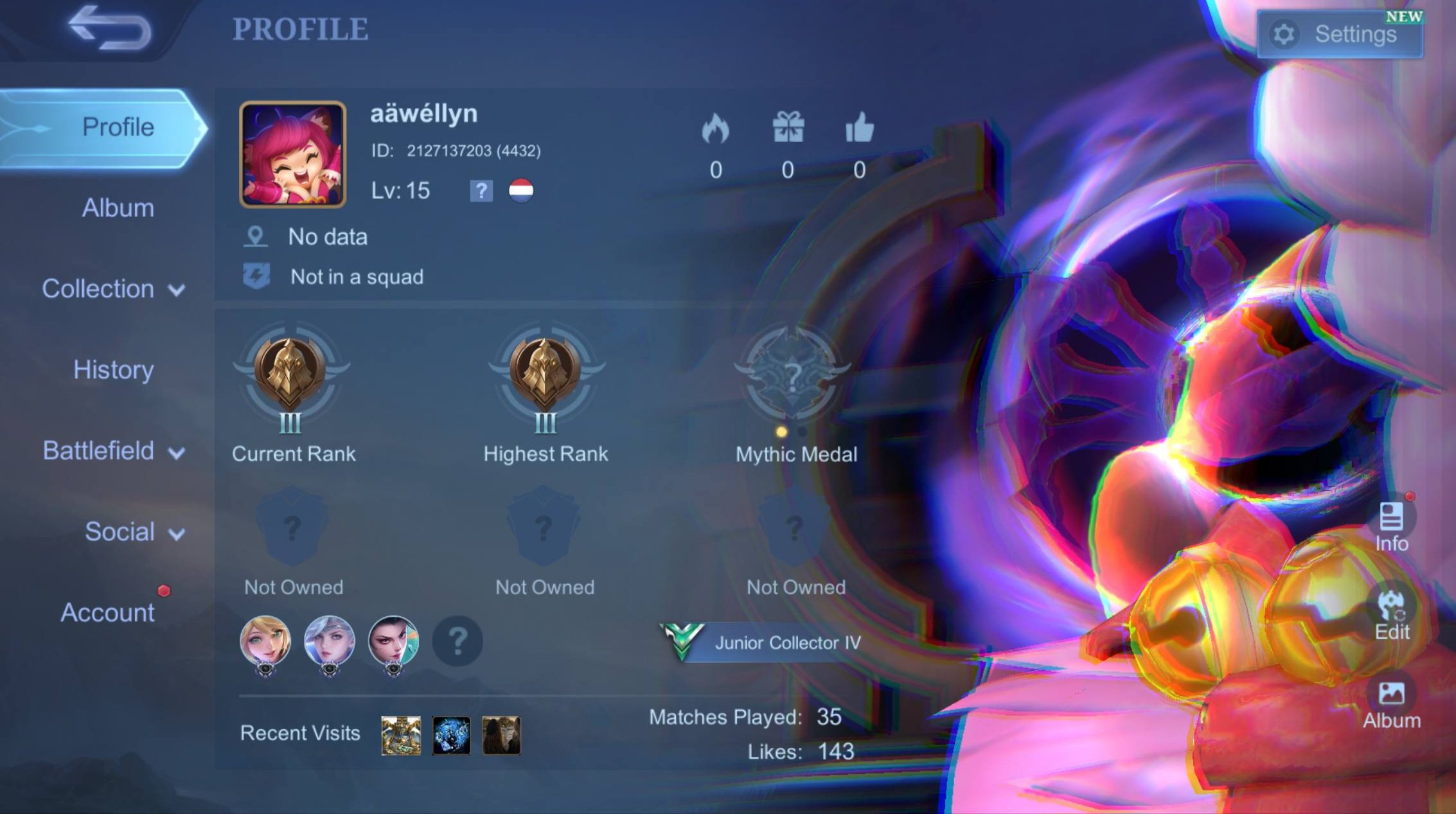 ⚜️ Saber Collector Leila|Summer Freya|Hustle Hanabi Zask|Good acc for a start⚜️, Sale, Rank: Warrior, Level: 15, Winrate: 97%, Heroes: 22, Skins: 22