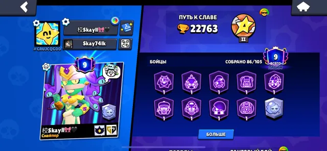 The account was created in 2023. It has 206 gems, 9 prime, trophies 22763, brawlers 86, primes 9