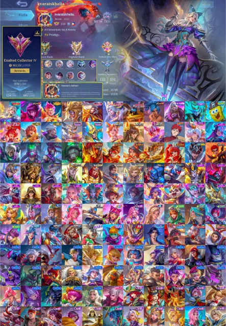 🏆 EXALTED 4✨ Selena Zenith 🌟 Dyrroth KOF 🥊 Selena STUN ⚡Badang Collector 👑Selena Lucky Box, Продажа, Ранг: Мифический Бессмертный, Уровень: 119, Процент перемог: 70%, Герої: 133, Облики: 376