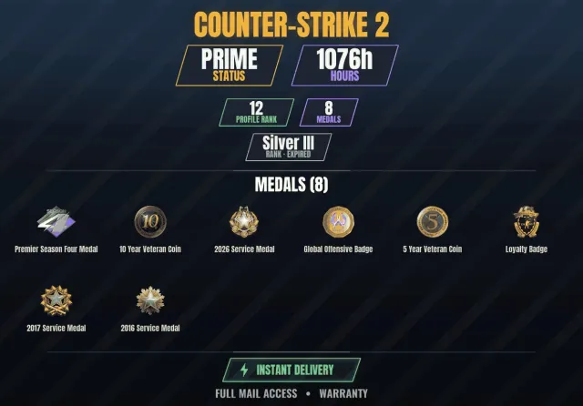 CS2 Prime🎮1000h💠8 medals Veteran Coin 10 years, Service Medal 2016, Service Medal 2017, Sale, With inventory, Has PRIME