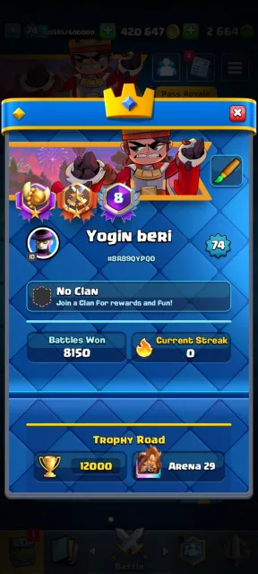 🏆12000🏆🔮22 EVO🔮❤️🔥104 EM + 2.5K GEMS❤️🔥🀄20 SKINS🀄🏅FULL 16 LVL DECK + MERGE TACTICS🏅, 29 arena, 74 level, 12000 trophies, 121 cards, 21 leg, No