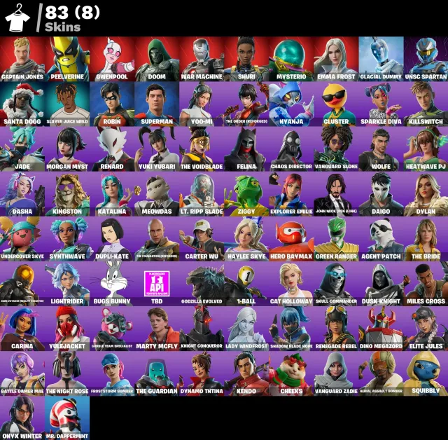 👕 83 skins 🎮 2802 Level 💰 1050 V-bucks 💰 Captain Jones | Peelverine | Gwenpool | Doom | War, Sale, skins 83