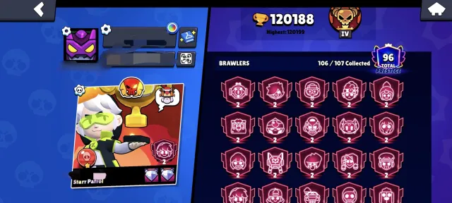 🏆 120188 🏆 | ⚡ [ re-linking] ⚡| 🩸legendary league 🩸| 1️⃣ PRESTIGE 🏆 | 👤106/107👤| +360 skins 💎, 120188 trophies, 106 brawlers, 96 primes