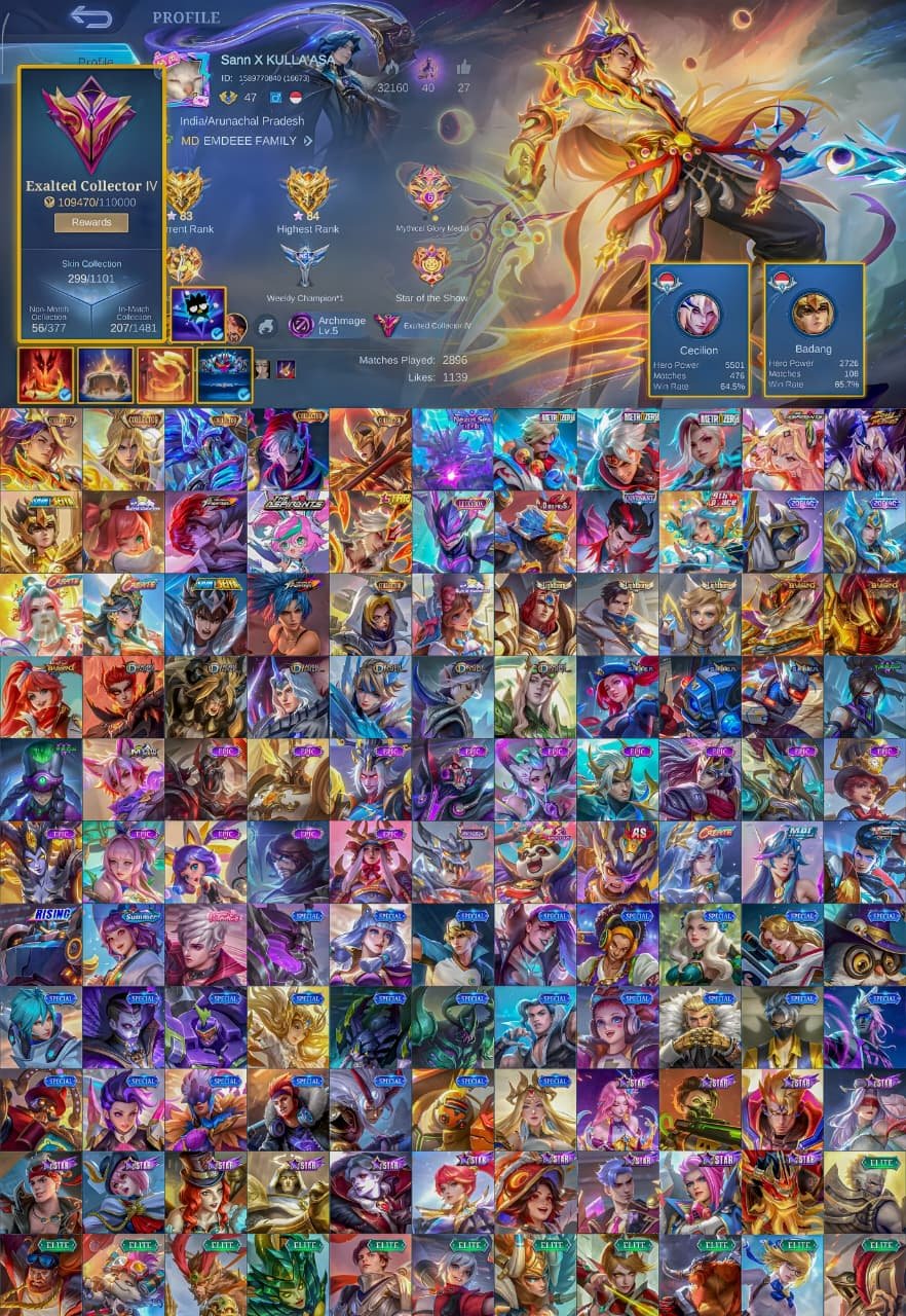 🔥 Collector Arloth Terizla Fasha Aemon Xavier, Metro Xborg Ixia Roger, Nexus Thamuz, Sale, Rank: Mythic, Level: 47, Winrate: 56%, Heroes: 107, Skins: 308