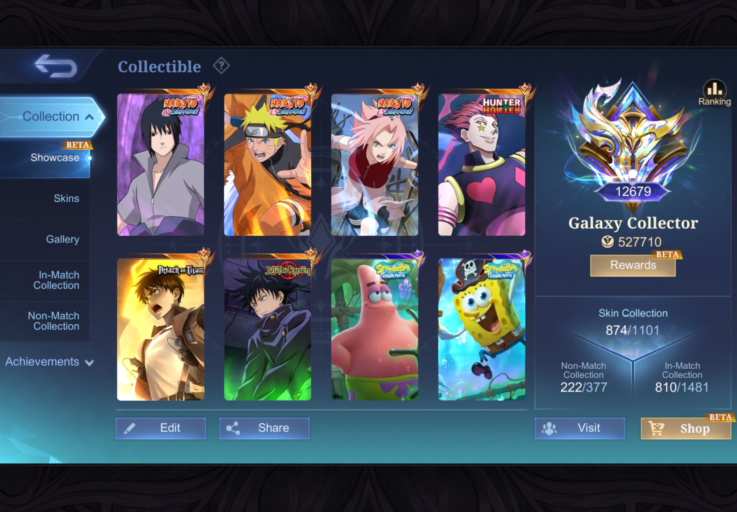 For collection, Sale, Rank: Mythic, Level: 189, Winrate: 56%, Heroes: 132, Skins: 874