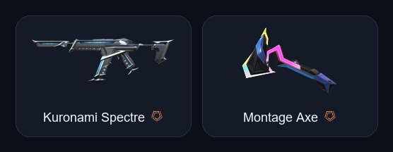 【 Montage Axe 】 【 Kuronami Spectre 】 【 Paceline Vandal 】 【 Superset Vandal 】, Sale, Ranked unlocked, Agents: 3, Skins: 24