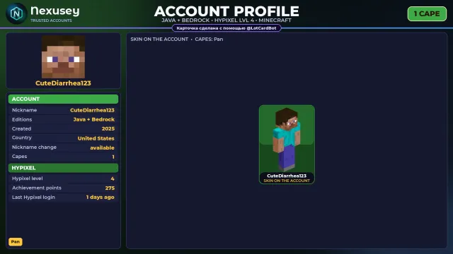 🚀 ⟦ MINECRAFT ⟧ JAVA + BEDROCK ✦ 1 CAPE: Pan ✦ FULL ACCESS ✦ NO BAN HYPIXEL (4 LVL) ✨ #4FOZA7, Sale, All account data