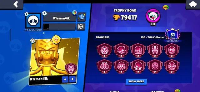 Good account 12 second primes re-link, 79000 trophies, 106 brawlers, 51 primes
