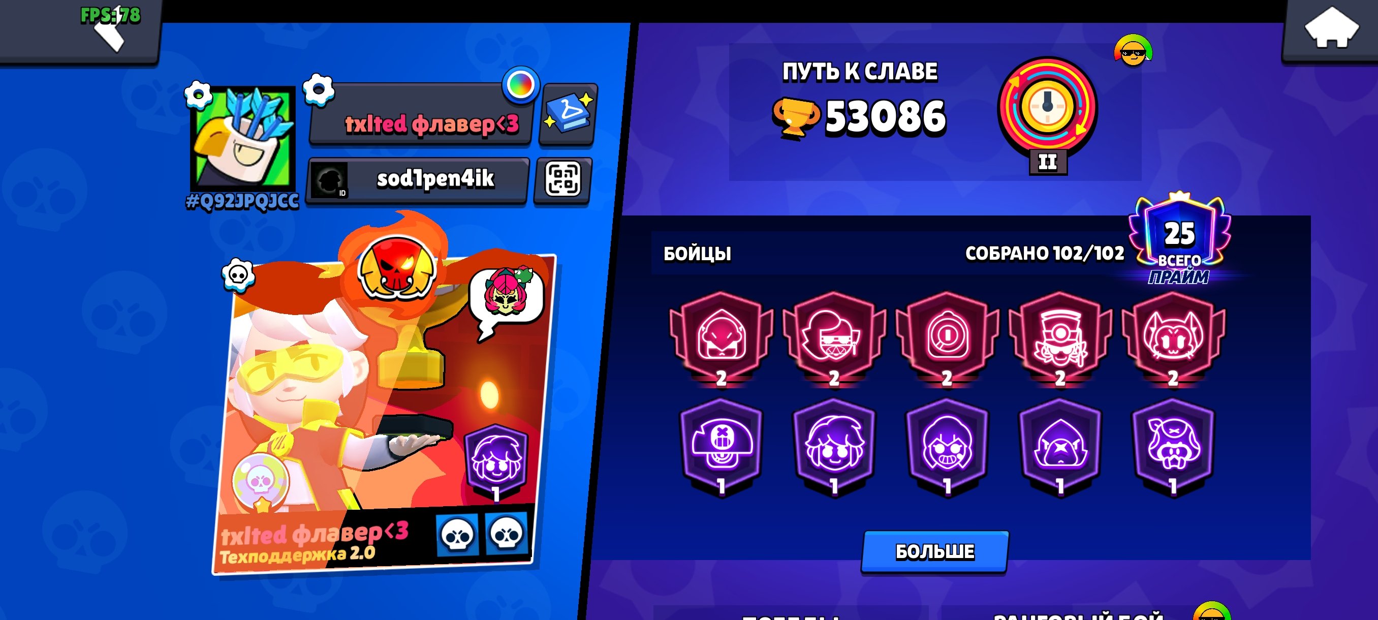 Top account 100 brawlers and 15 max power, trophies 52000, brawlers 103, primes 25