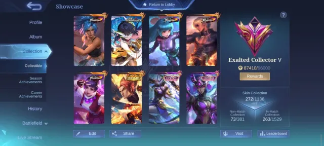 🏆 Exalted 5 ✨ Gusion KOF ✨ Ruby Aspirant ✨ Guinevere KOF ✨ Fanny Skylark ✨ Aurora KOF, Продажа, Ранг: Мифическая слава, Уровень: 100, Процент побед: 70%, Герои: 120, Облики: 272